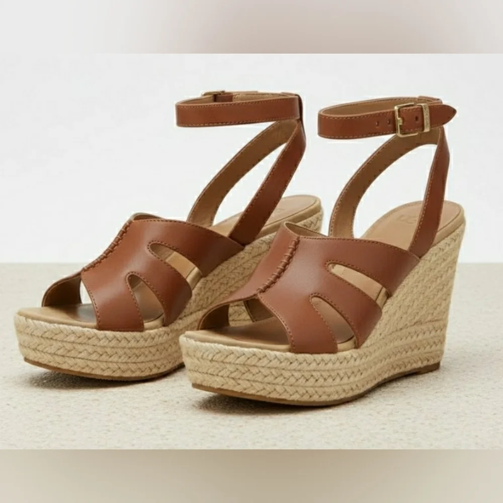 Chunky Platform Wedge Sandals Boho UGG 9.5 Leather Espadrille New